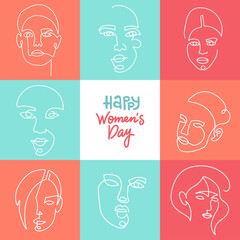 Greeting card with linear women faces. International womens day postcards. 8th March holiday. Sisterhood and Feminism. Graceful line art postcards, social media post. Vector line illustration.