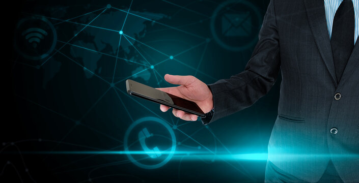 Modern Technology background with icons and mobile phone. A man holding mobile with technological concept backdrop