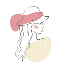 Girl in summer hat with ribbon. Abstract girl face in linear style. Summer holiday. Beauty logo.