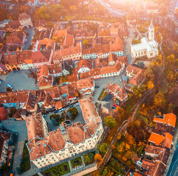 Aerial View Of Sighisoara Citadel Courtyard