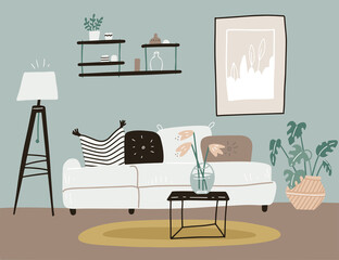Whte sofa with a coffee table and rack with a floor lamp in Scandinavian style. Simple stylish interior with pictures, plants and pillows. Part of the living room. Vector hand drawn flat illustration