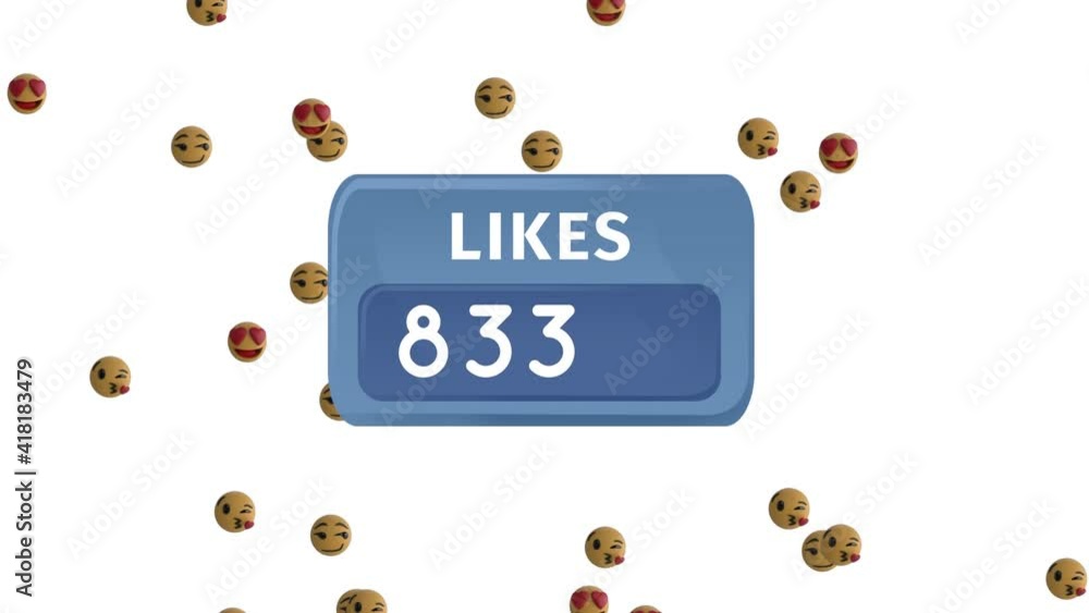 Poster animation of numbers changing and likes text in blue banner with emojis on white background