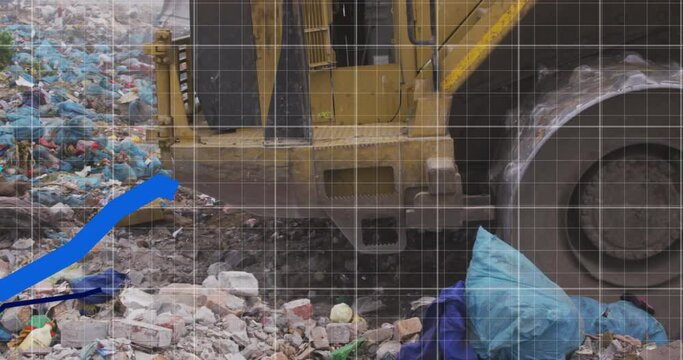 Animation of blue lines moving up over bulldozer waste disposal site
