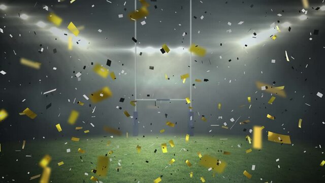 Animation of gold confetti falling over rugby pitch sports stadium