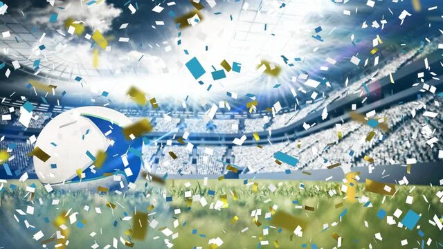 Animation of gold confetti falling over rugby ball in sports stadium