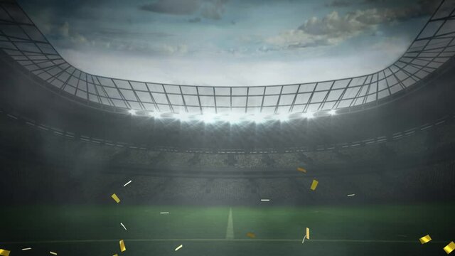 Animation of gold confetti falling over sports stadium