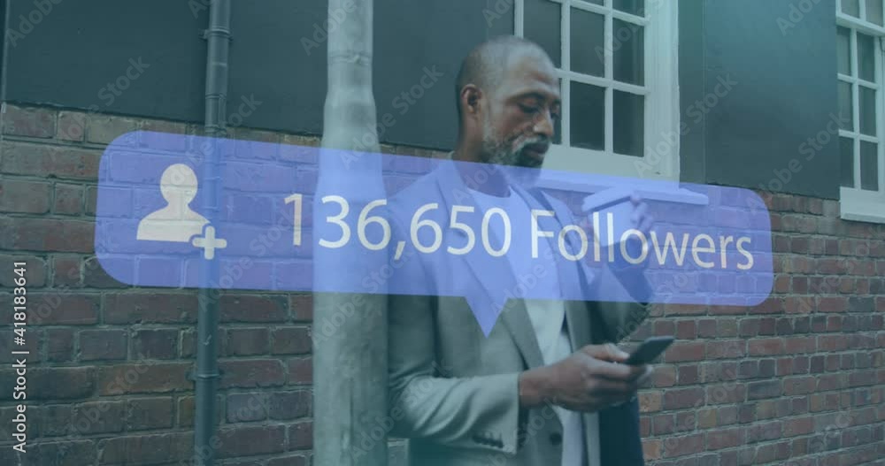 Aufkleber animation of numbers and followers text on banner over man having coffee and using smartphone