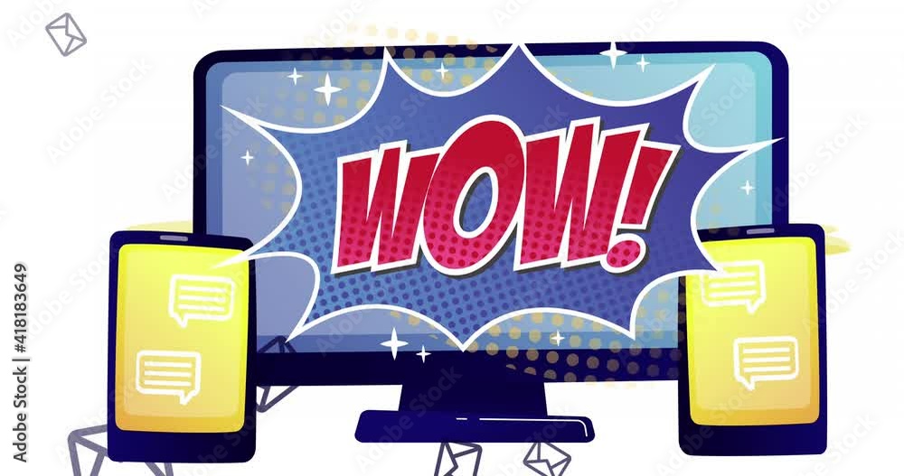 Aufkleber animation of wow text in retro speech bubble on computer screen with tablets
