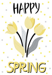 Happy Mother's Day. Hello Spring. Hand drawn scandinavian style vector illustration for card, poster, banner template with flowers, plant and hand drawn lettering happy spring