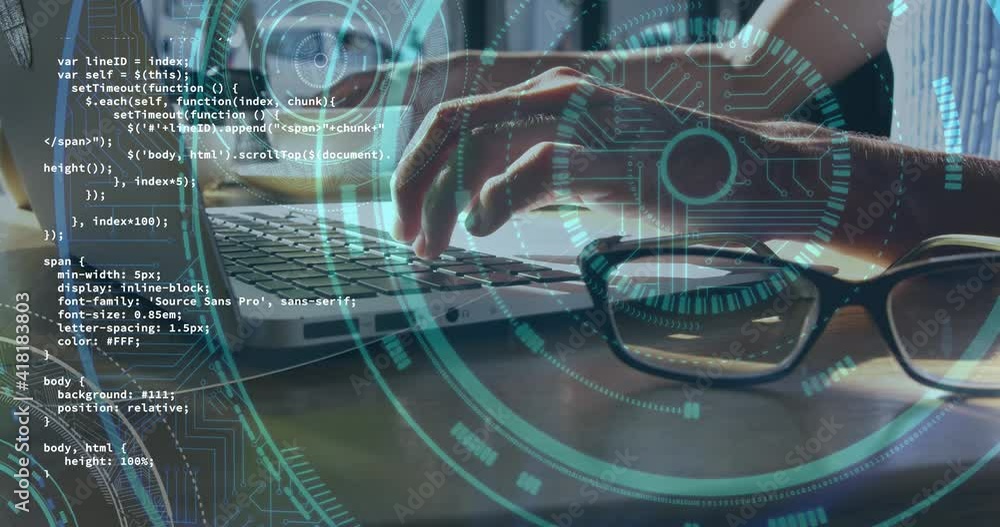 Poster animation of data processing, scope scanning over woman using laptop