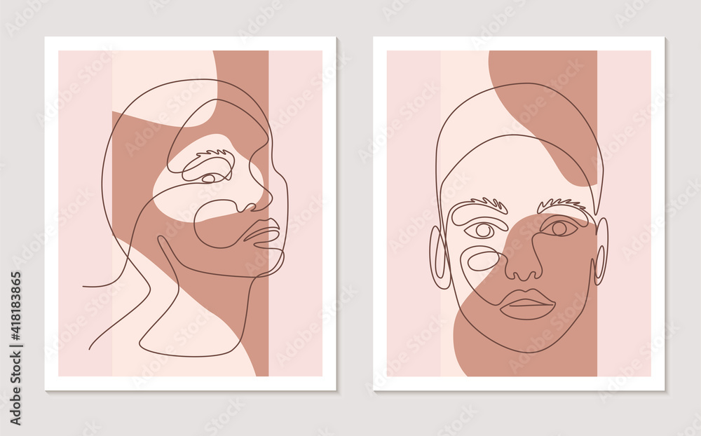 Poster Abstract line wall art vector set with women faces. Continuous one line drawing with abstract shape. Minimalist wall art with different shapes terracota colors for wall decoration. Vector illustration