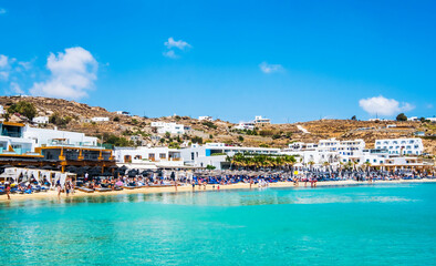 View of the beach of Mykonos island from the water - obrazy, fototapety, plakaty