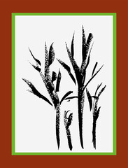Vector image of sketches silhouettes trees in decorative frame