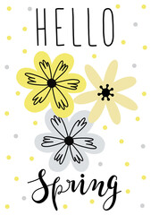 Happy Mother's Day. Hello Spring. Hand drawn scandinavian style vector illustration for card, poster, banner template with flowers, plant and hand drawn lettering happy spring