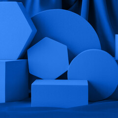 Geometric shapes night blue stand podium mockup for product display on silk textile background