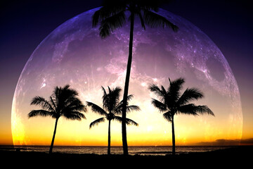 Tropical Palm Trees Silhouette Moon Light Moonrise