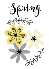 Happy Mother's Day. Hello Spring. Hand drawn scandinavian style vector illustration for card, poster, banner template with flowers, plant and hand drawn lettering happy spring