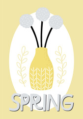 Happy Mother's Day. Hello Spring. Hand drawn scandinavian style vector illustration for card, poster, banner template with flowers, plant and hand drawn lettering happy spring