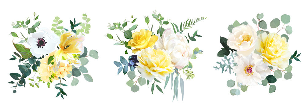 Yellow rose, hydrangea, white peony, tulip, anemone, spring garden flowers