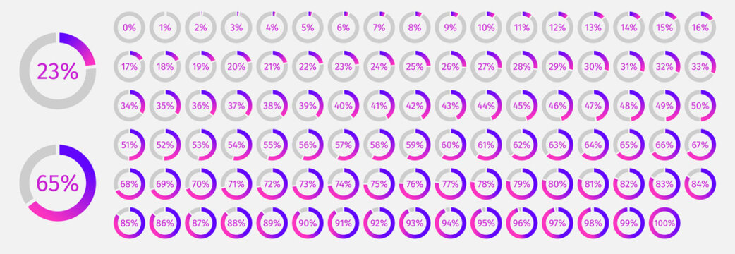 Set of circle percentage diagrams from 0 to 100 for infographics with blue and purple colors on light background. Vector illustration.