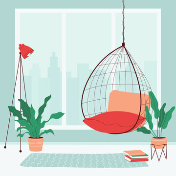 Living room with large window, hanging chair and houseplants. Cozy room for rest, reading, relaxation. Vector illustration square composition