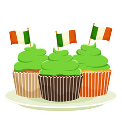 St. Patrick's Cupcake, a flat cartoon dessert vector illustration isolated on a white background. Happy St. Patrick's Day.