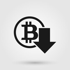 Bitcoin with down arrow. Crypto market decline symbol.