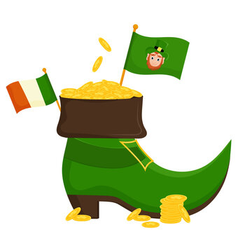 St. Patrick's shoe with a gold band and the flag of Ireland. Flat cartoon vector illustration isolated on a white background.