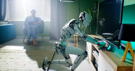 Robot housekeeper wiping dust near owner