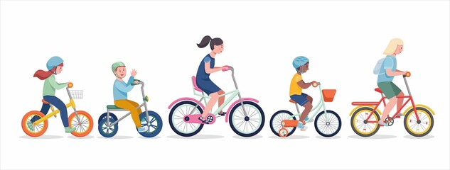 Kids riding bikes. Illustration of a group of kids biking on bicycles