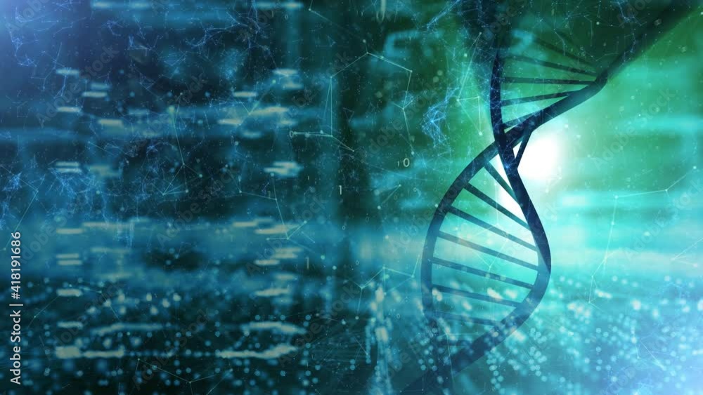 Aufkleber futuristic dna chain rotation on digital binary numbers turquoise background