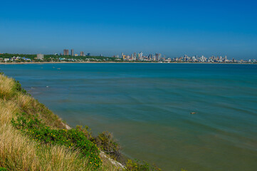 Joao Pessoa, State of Paraiba, Brazil on February 17, 2009. Partial view of the city showing buildings and the sea.