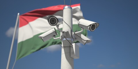 Naklejka na ściany i meble Waving flag of Hungary and the security cameras. 3d rendering