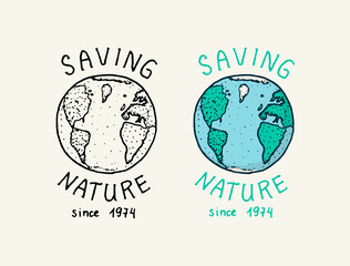 Blue Earth logo. Save nature. Vegetarian concept. Organic Vegan label. Farm element. Vector illustration. Badge for for sticker or t-shirt or menu in a restaurant. Engraved hand drawn in old sketch.