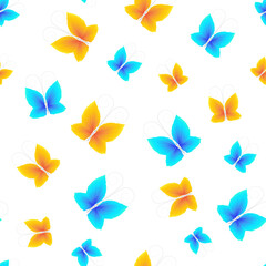 Seamless pattern of flying yellow and blue butterflies on a white background