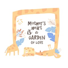 Cute cartoon mother giraffe kissing her cub