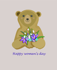 Greeting card for women's Day with a cute bear with a bouquet of flowers