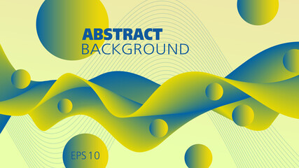 Green-yellow, blue snaking fluid. Abstract wave and flying spheres, liquid pattern. 3d shape, motion illusion. Futuristic design. Vector background. Template for landing page, poster, leaflet. EPS10