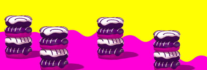 Minimal creative banner food design. 3d render white and chocolate donuts in trendy pink yellow  space. Restaurant, bakery, sweet candy shop, food delivery concept art.
