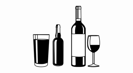 Wine and Beer. Vector isolated Illustration of a bottle of wine, two cups of wine and two bottles of beer with two glasses