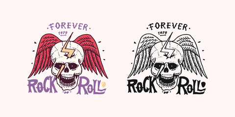 Skull with zipper and Angel wings. Cranium op braincase or death's head badge. Rock and Roll music logo. Heavy metal template for design t-shirt, night party. Hand drawn Engraved vintage sketch