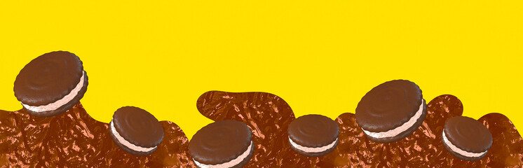 Minimal food 3d render  gravity scene chocolate cookies banner design. Restaurant, bar, candy shop, food delivery concept art.