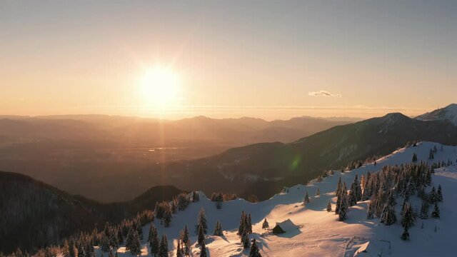 Beautiful sunset in the mountains at winter with spruce forest covered in snow. Aerial view.