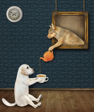 A beige dog is leaning out of the picture and pouring fruit tea for his friend at an art gallery.