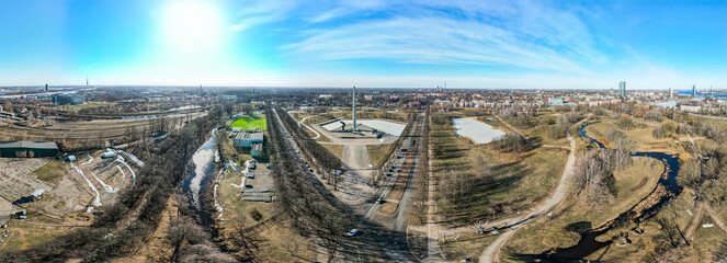 World War II Victory Monument to Soviet Army in Riga. Victory park in Riga, Latvia. Victory monument. View from above. Panorama of the city.