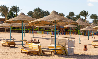 An empty beach in Egypt during the COVID 19 pandemic. The Red Sea coast, a recreation area without people.