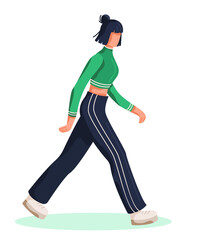 vector illustration, girl walking, athlete in blue-green tracksuit, brisk walking, wide step
