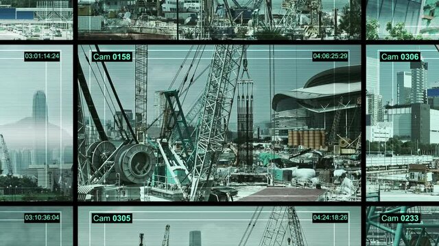 Multi screen cctv cameras on construction sites in big Asian city.