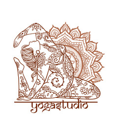 Yoga girl. Ornament Meditation pose. Concept of body positive. Vector illustration plus size