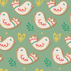 Seamless pattern with birds. Easter elements on green background
